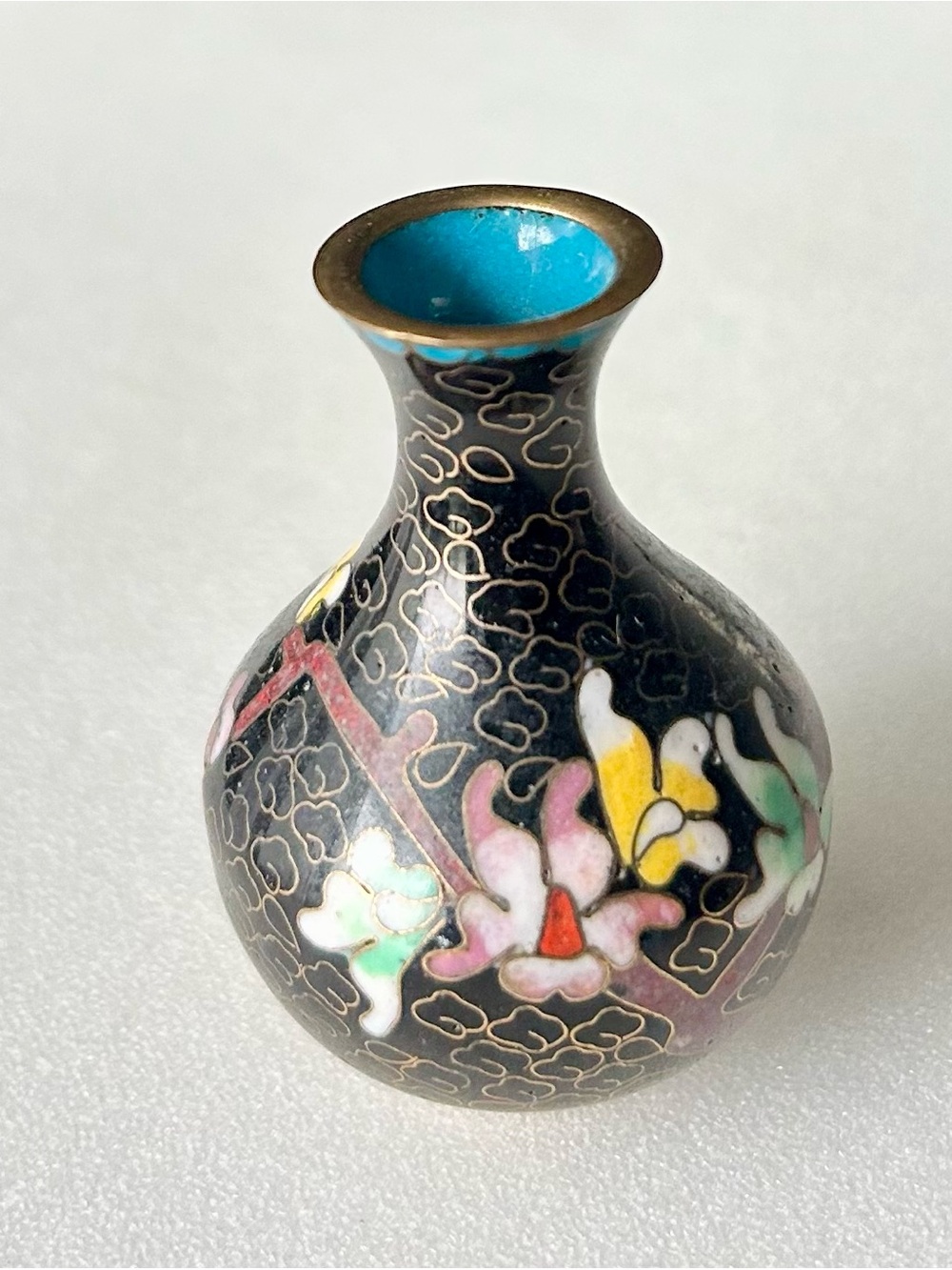 Vintage Miniature Floral Cloisonné Vase - Black with Turquoise Interior 2”